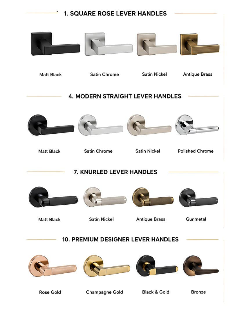 Lever handle range in matte black, chrome, nickel and brass finishes